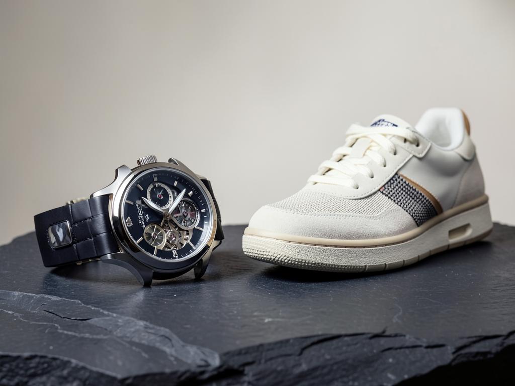 Relógio mecânico de luxo e sneaker premium sobre pedra grafite